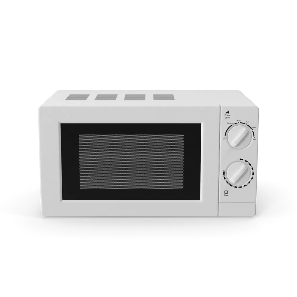 White compact microwave oven sitting on a kitchen countertop with control panel visible