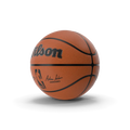 Official regulation basketball with textured grip panels on a hardwood court surface
