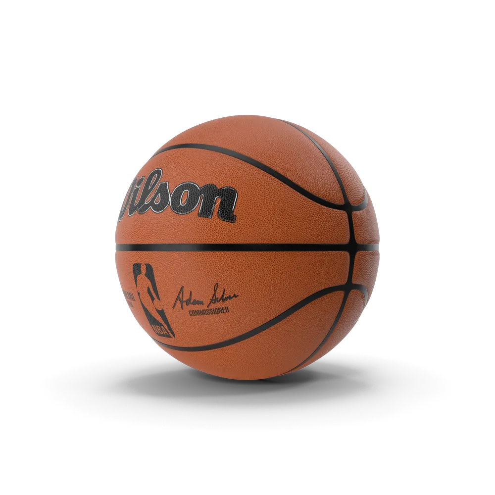 Official regulation basketball with textured grip panels on a hardwood court surface