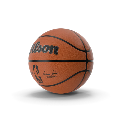 Official regulation basketball with textured grip panels on a hardwood court surface