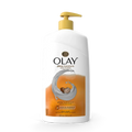 Olay Ultra Moisture Shea Butter Body Wash white and gold bottle on a clean bathroom shelf