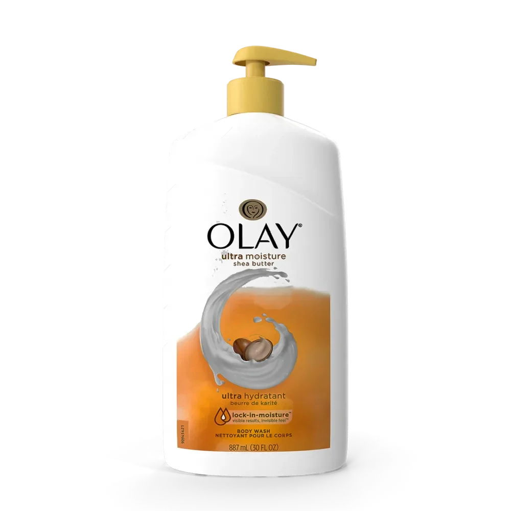 Olay Ultra Moisture Shea Butter Body Wash white and gold bottle on a clean bathroom shelf