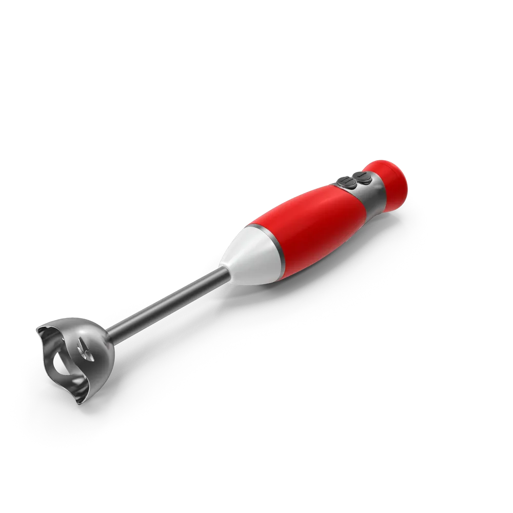 Compact hand blender with stainless steel blending shaft held over a pot of blended soup in a modern kitchen