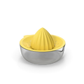 Bright yellow handheld citrus squeezer on a clean white kitchen countertop