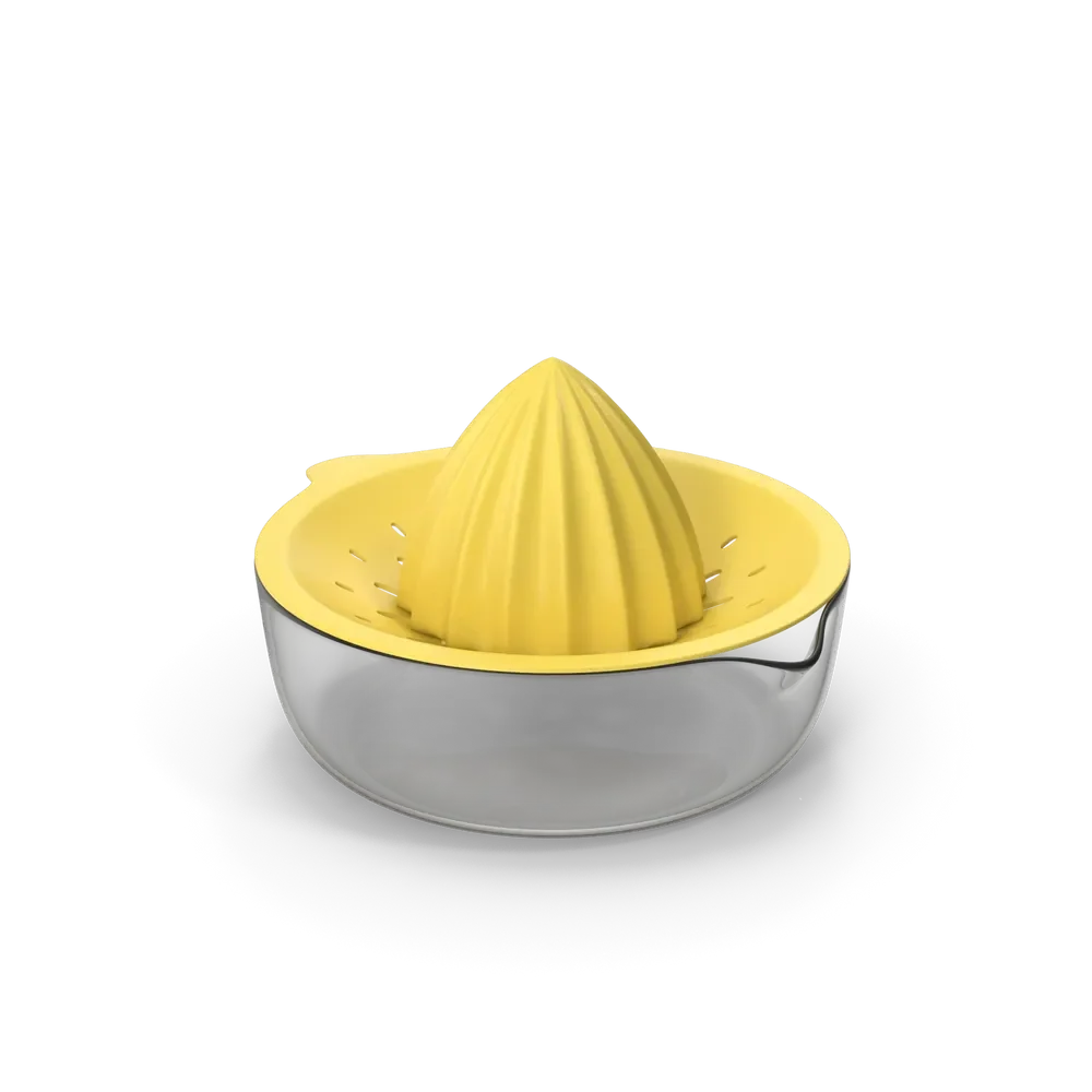 Bright yellow handheld citrus squeezer on a clean white kitchen countertop