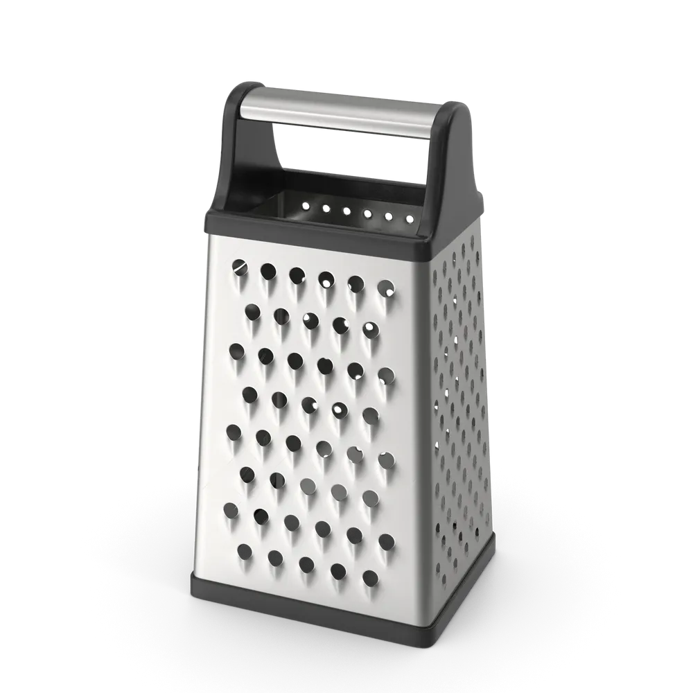 Sleek black kitchen grater with sharp blades on a clean countertop surface