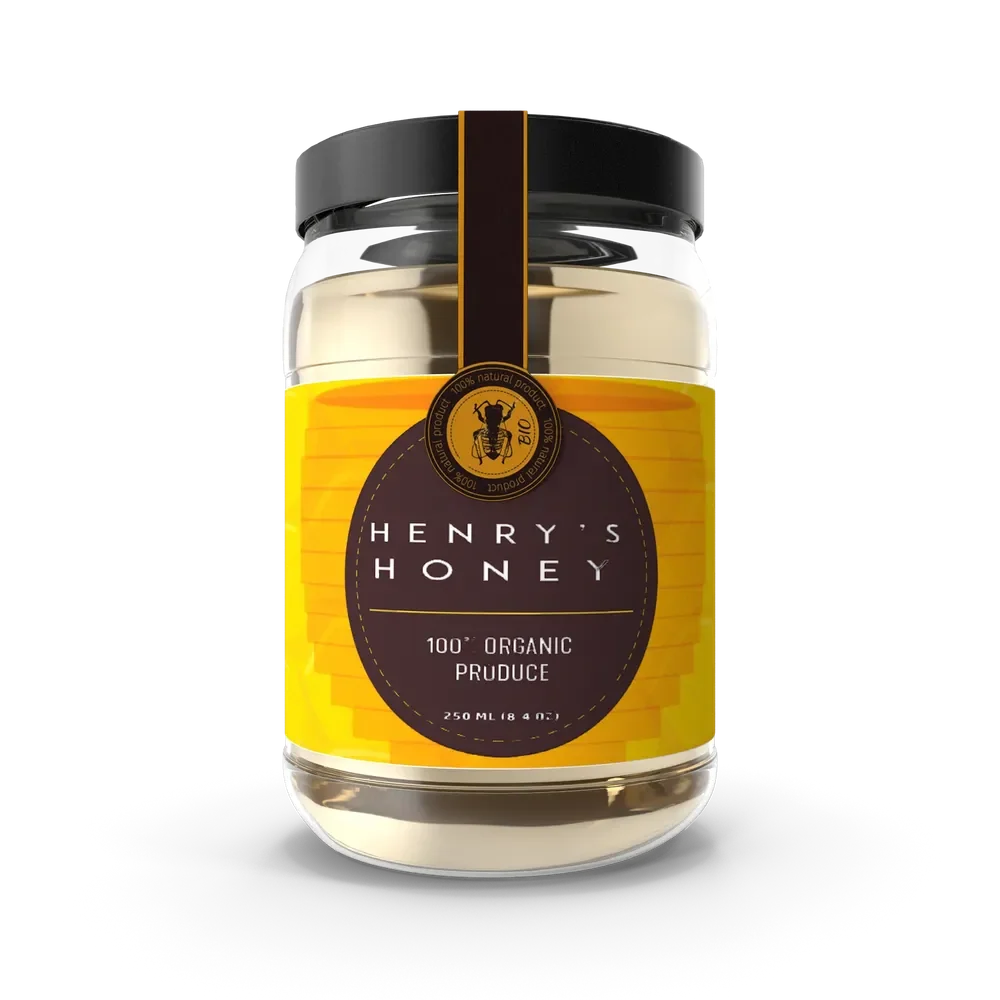 Glass jar of pure natural honey with golden honey drizzle on a wooden surface
