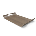 Elegant rectangular serving tray with snacks and drinks arranged on a wooden surface