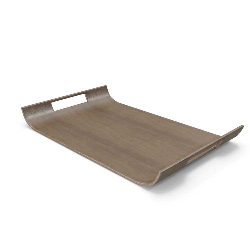 Elegant rectangular serving tray with snacks and drinks arranged on a wooden surface