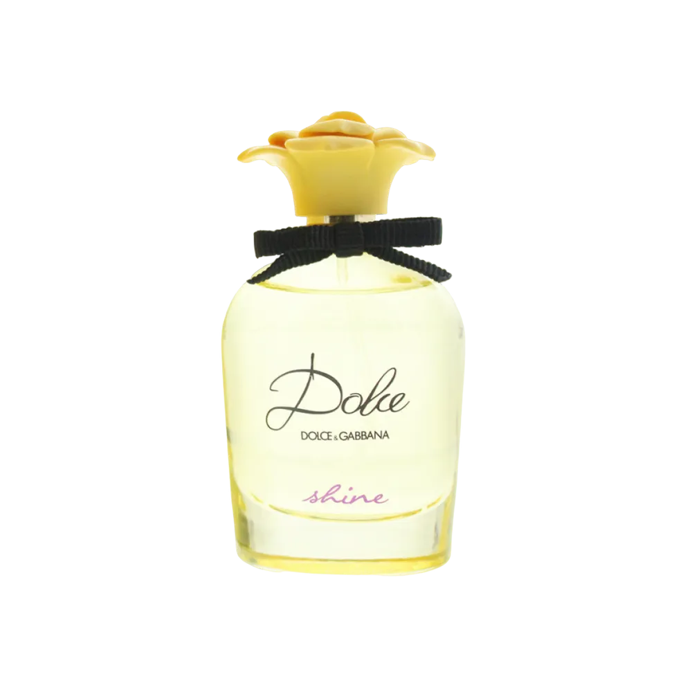 Dolce Shine Eau de Parfum bottle by Dolce & Gabbana with golden and floral design on white background