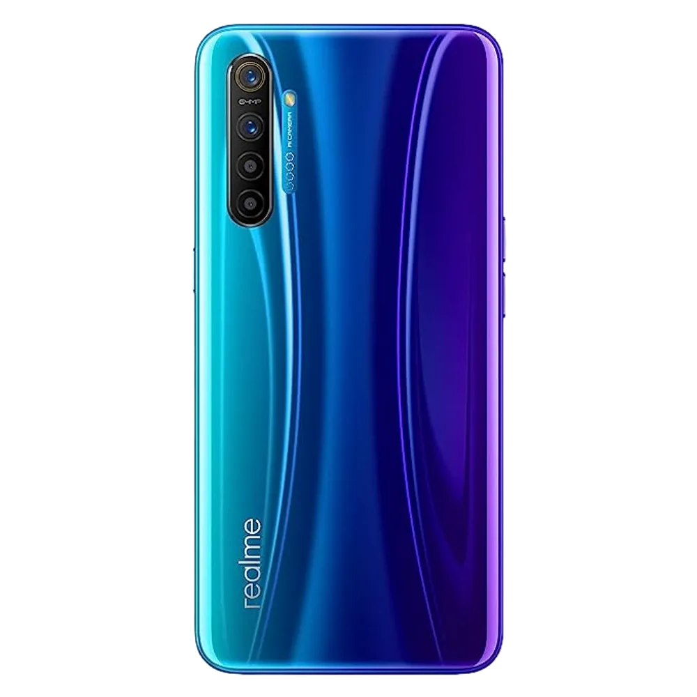 Realme XT smartphone showing front AMOLED display and quad-camera setup on rear panel