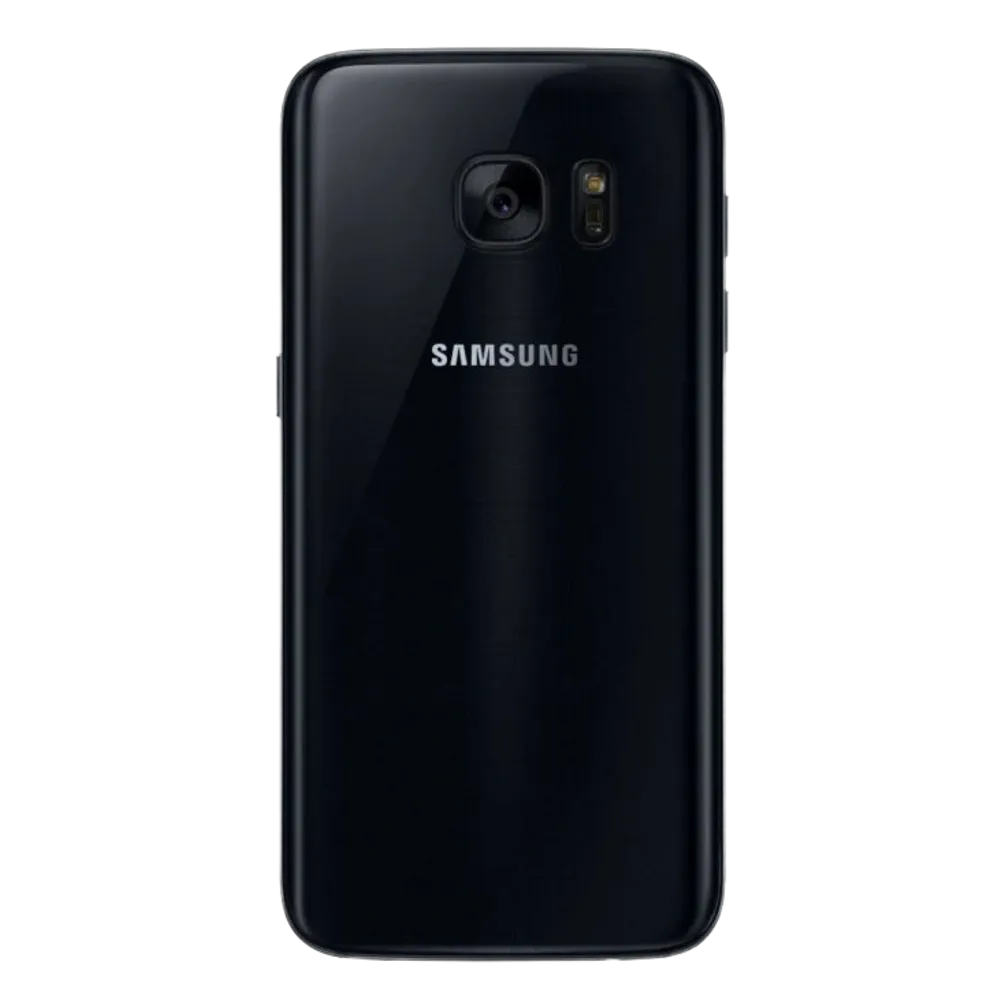 Samsung Galaxy S7 flagship smartphone showing front display and sleek black rear panel on a clean white background