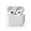Apple AirPods wireless earbuds displayed outside their white charging case on a clean white background