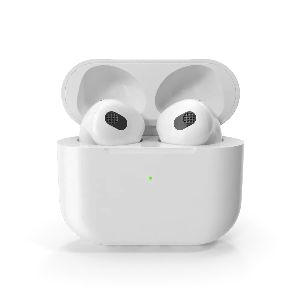 Apple AirPods wireless earbuds displayed outside their white charging case on a clean white background
