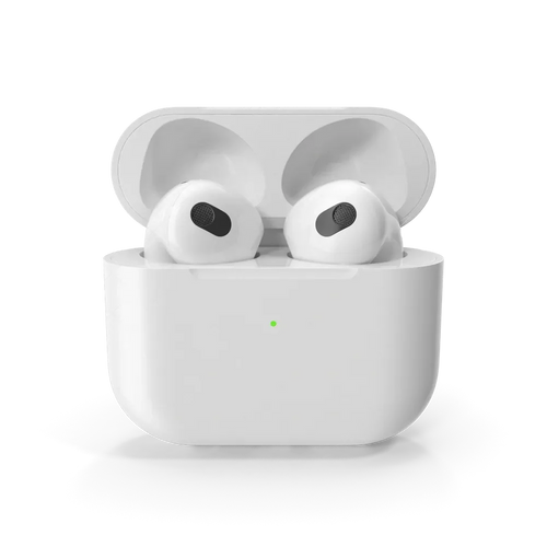 Apple AirPods wireless earbuds displayed outside their white charging case on a clean white background