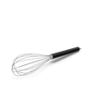 Black kitchen whisk with ergonomic handle displayed on a clean white kitchen countertop