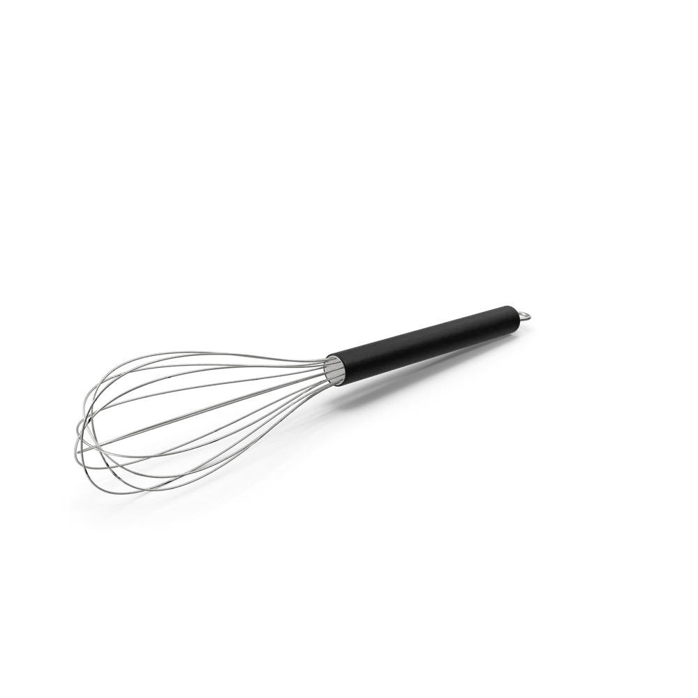 Black kitchen whisk with ergonomic handle displayed on a clean white kitchen countertop