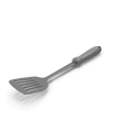 Stainless steel slotted turner spatula with ergonomic handle, ideal for flipping and frying food on a stovetop