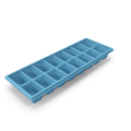 Flexible silicone ice cube tray filled with clear ice cubes in various shapes on a kitchen counter