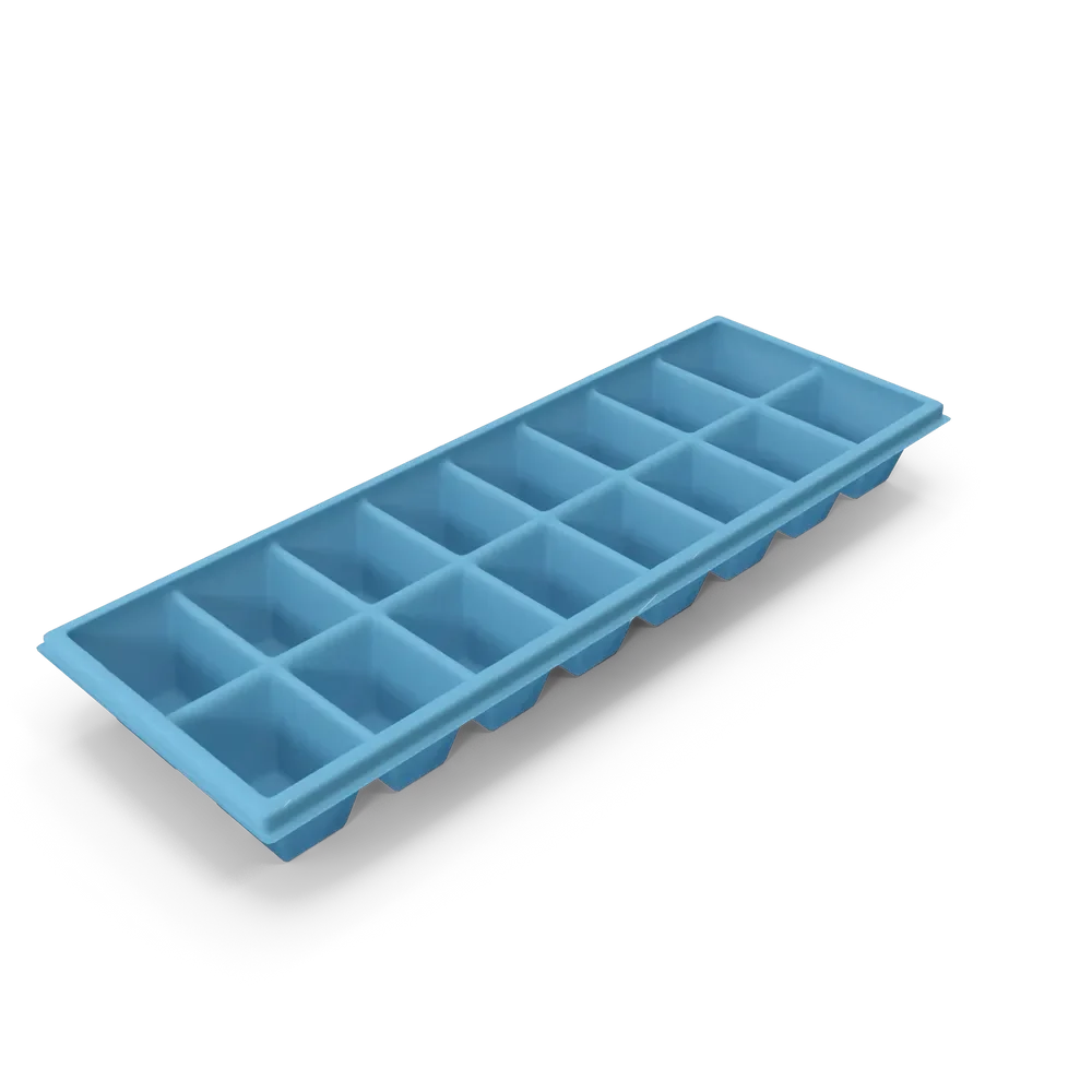 Flexible silicone ice cube tray filled with clear ice cubes in various shapes on a kitchen counter