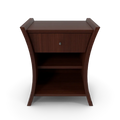 Bedside table in African Cherry wood finish with storage drawer beside a neatly made bed