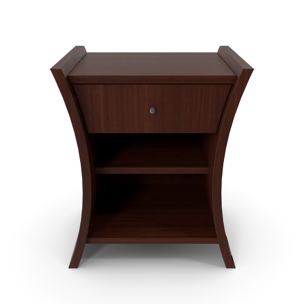 Bedside table in African Cherry wood finish with storage drawer beside a neatly made bed