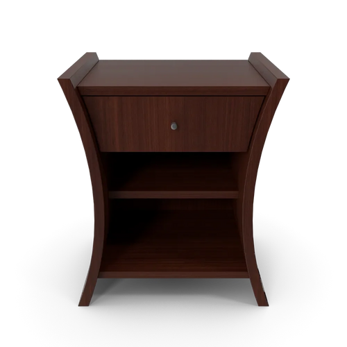 Bedside table in African Cherry wood finish with storage drawer beside a neatly made bed