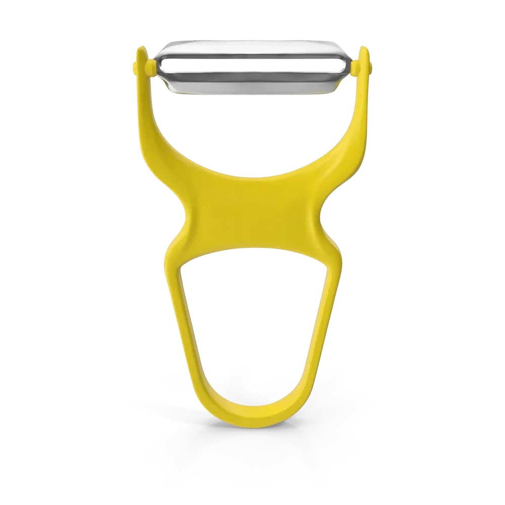 Bright yellow ergonomic kitchen peeler for fruits and vegetables on a clean white surface