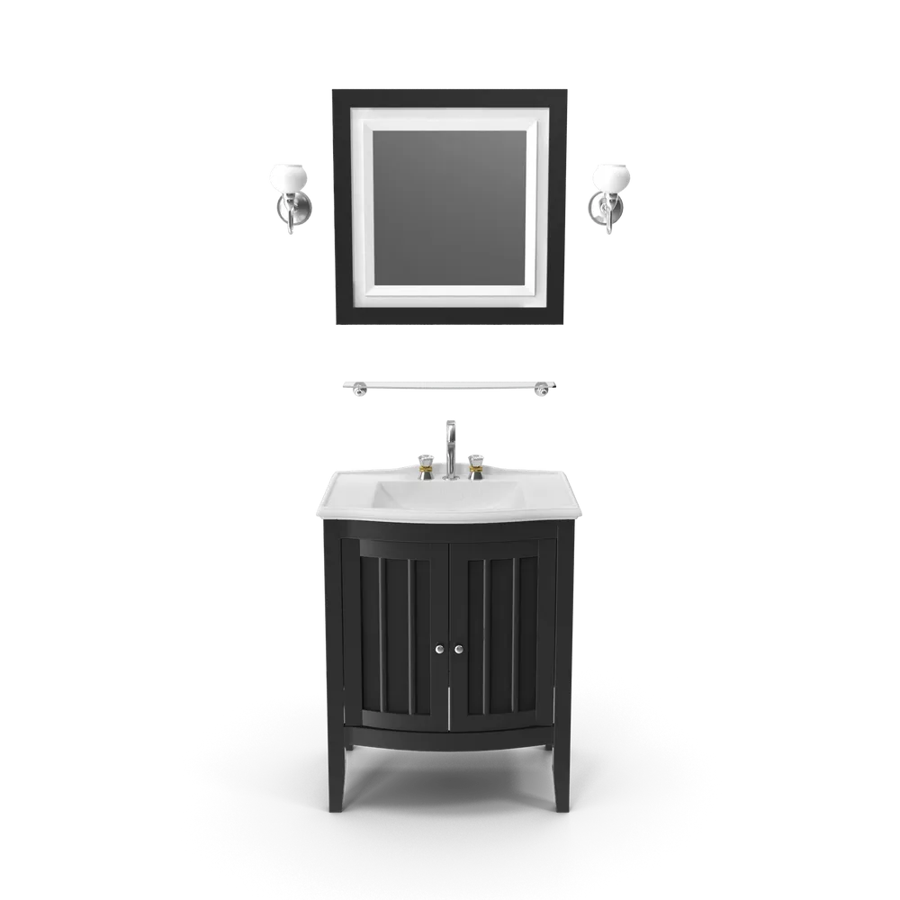 Wooden bathroom sink with natural wood countertop and matching wall mirror in a modern bathroom