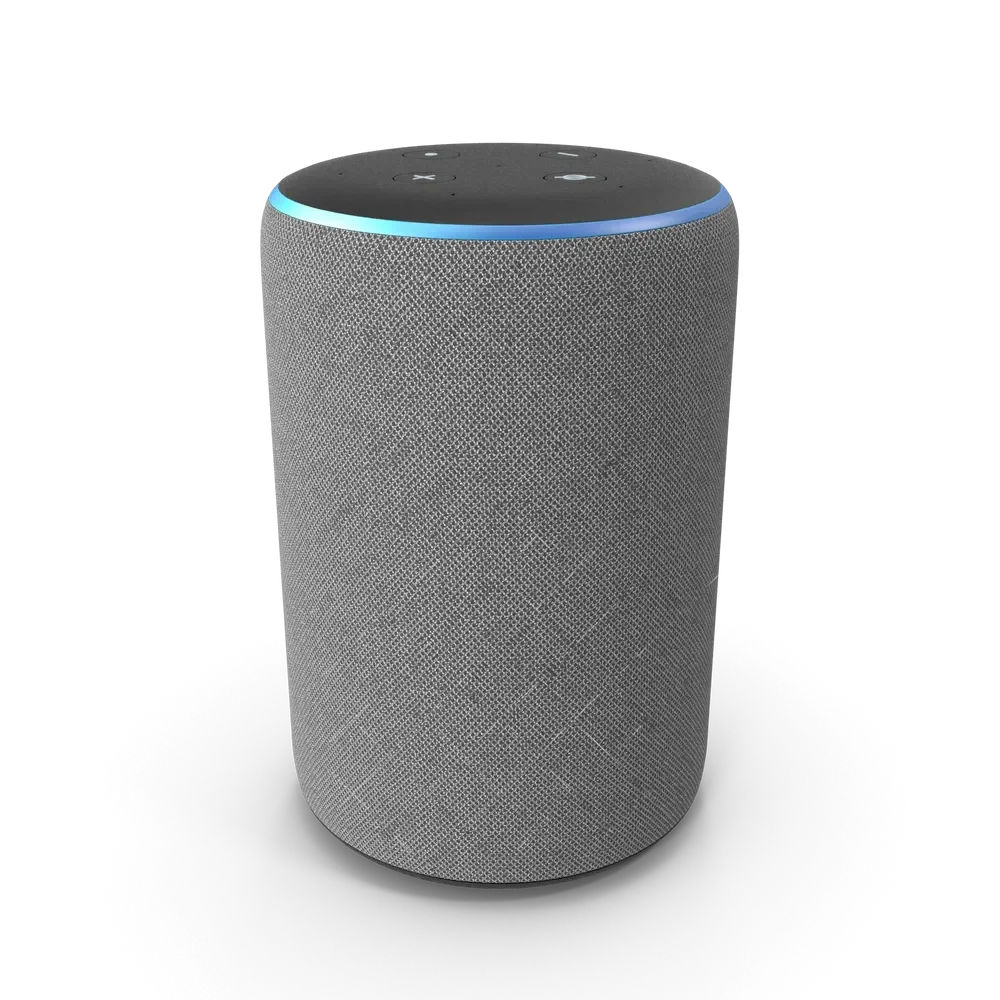 Amazon Echo Plus smart speaker in charcoal finish standing upright on a white surface