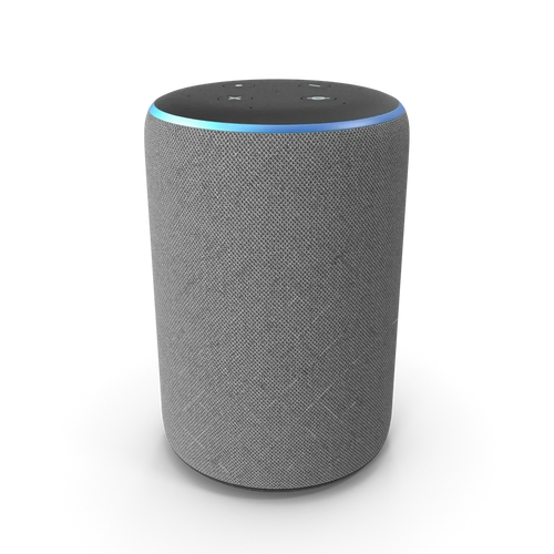 Amazon Echo Plus smart speaker in charcoal finish standing upright on a white surface