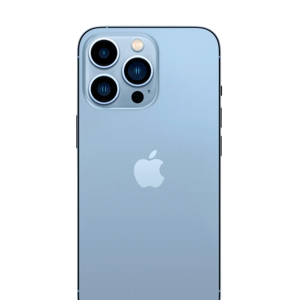 Apple iPhone 13 Pro in Sierra Blue with triple camera system and stainless steel frame on a white background
