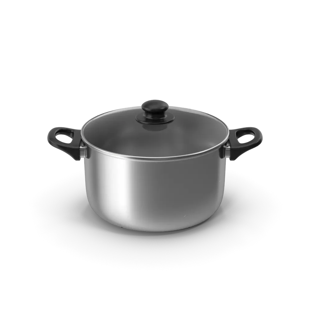 Polished silver cooking pot with transparent glass lid on a kitchen stovetop, ideal for boiling and simmering meals