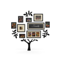 Decorative family tree photo frame with multiple slots filled with family portraits displayed on a living room wall