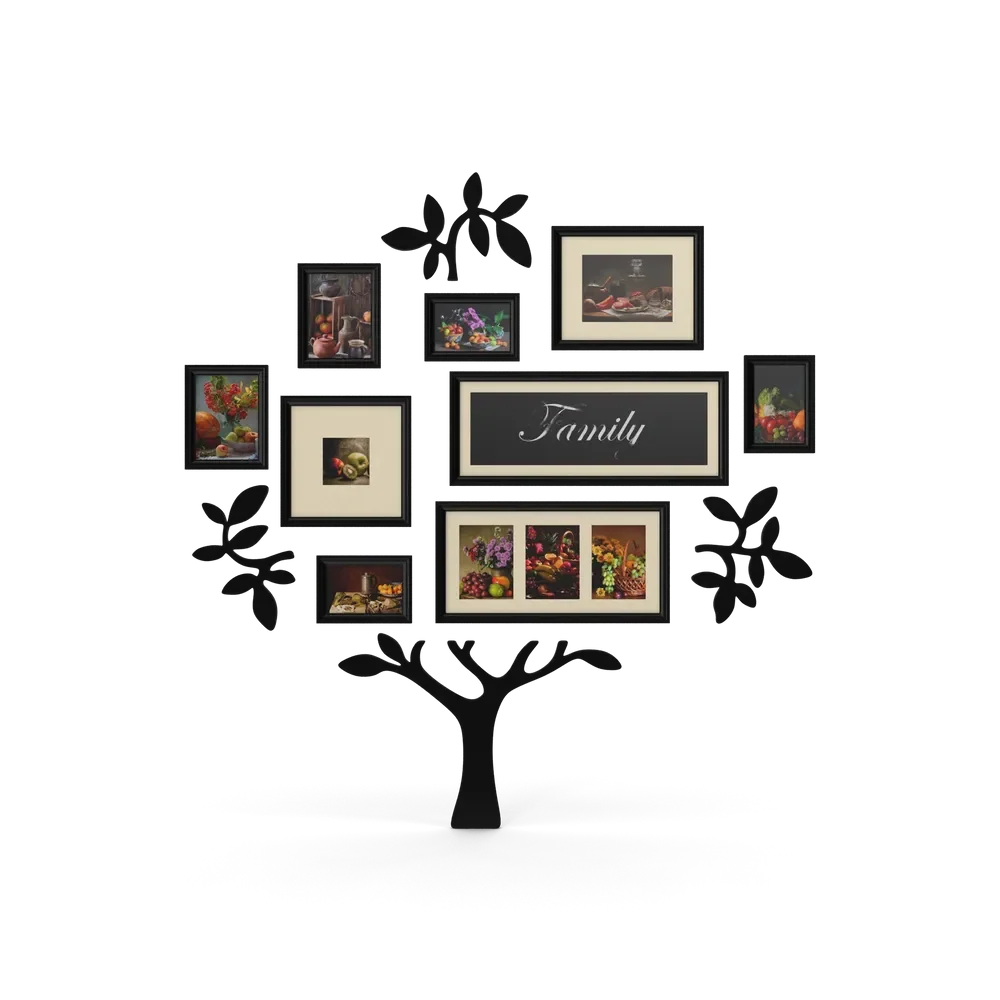 Decorative family tree photo frame with multiple slots filled with family portraits displayed on a living room wall