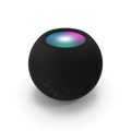 Apple HomePod Mini in Cosmic Grey compact smart speaker on a white surface showing its rounded fabric design