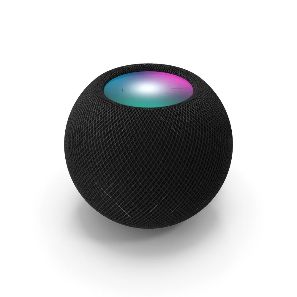 Apple HomePod Mini in Cosmic Grey compact smart speaker on a white surface showing its rounded fabric design