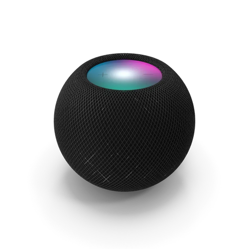 Apple HomePod Mini in Cosmic Grey compact smart speaker on a white surface showing its rounded fabric design