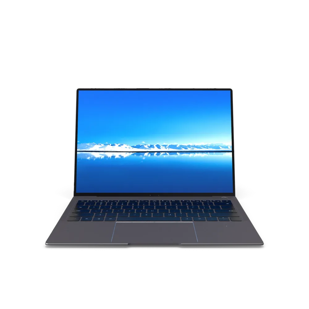 Huawei MateBook X Pro slim silver laptop open on a clean white desk showing vivid touchscreen display