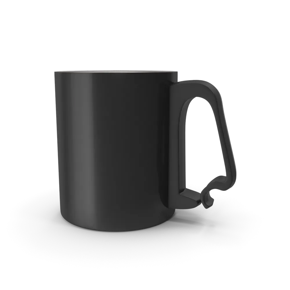 Sleek matte black aluminium cup on a clean white surface, suitable for hot and cold beverages