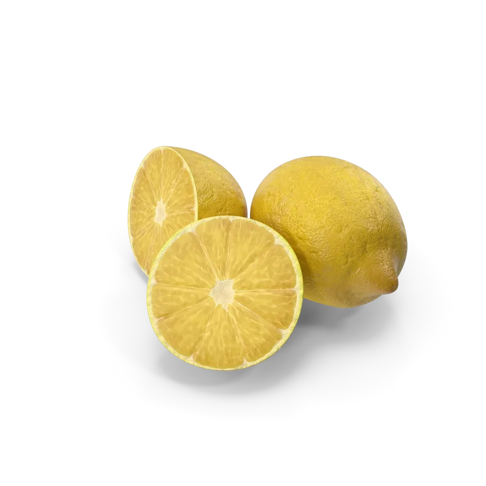 Fresh whole and halved lemons with bright yellow skin on a white surface