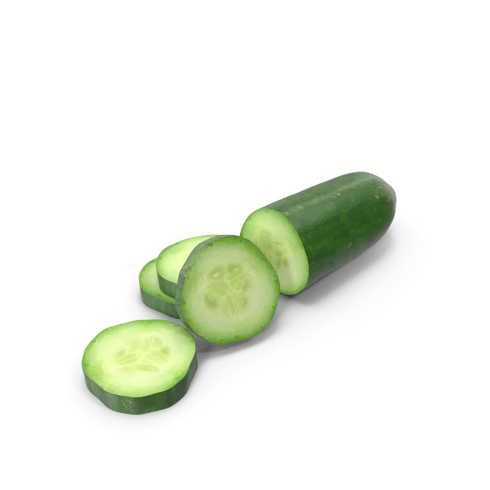 Fresh whole cucumbers with smooth green skin on a white background