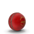 Hard red leather cricket ball with visible seam on a cricket pitch surface