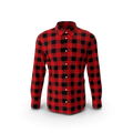 Men's classic plaid shirt in red and black pattern displayed on a wooden hanger against a neutral background