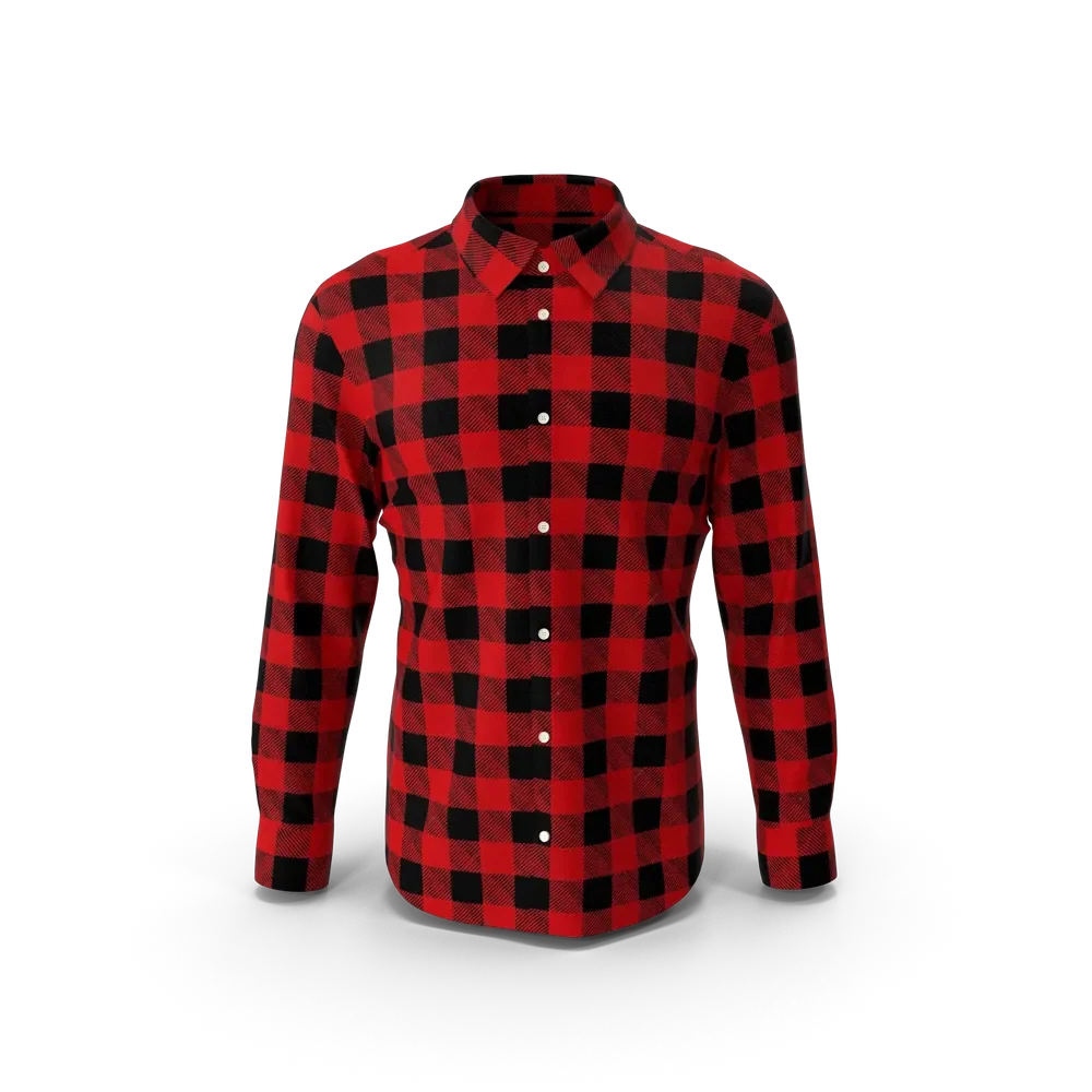 Men's classic plaid shirt in red and black pattern displayed on a wooden hanger against a neutral background