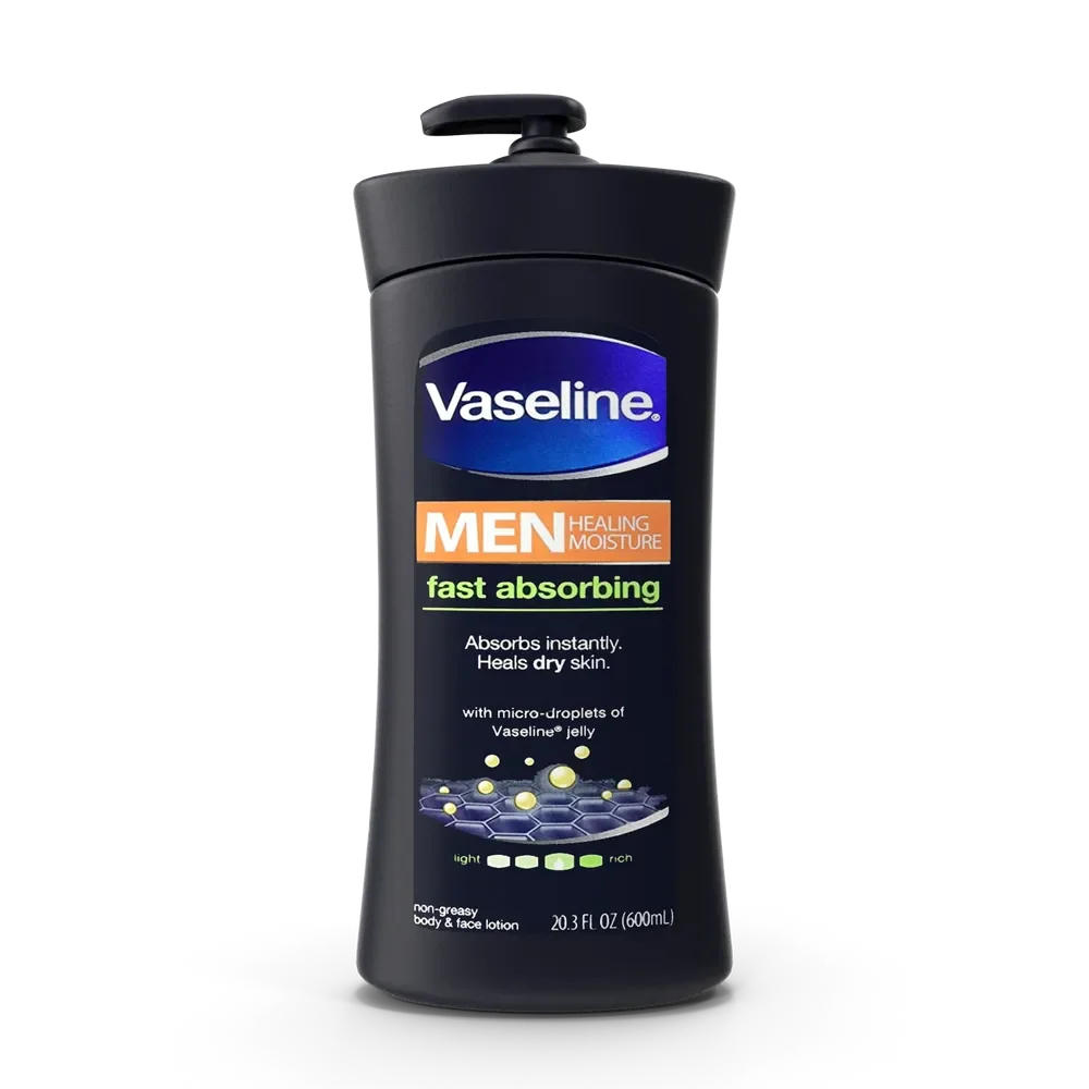Vaseline Men Body and Face Lotion bottle displayed on a clean white surface for daily skin hydration