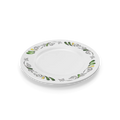 Classic round white ceramic dinner plate on a clean wooden table surface