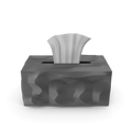 White tissue paper box with a single tissue pulled out, placed on a wooden desk surface