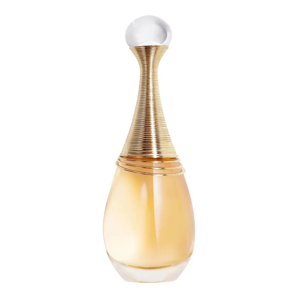 Dior J'adore gold perfume bottle with floral fragrance on a white background