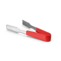 Bright red kitchen tongs on a clean white kitchen countertop, ideal for cooking and serving
